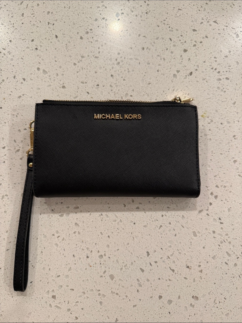 Michael Kors Black Saffiano Leather Wristlet with Gold Hardware